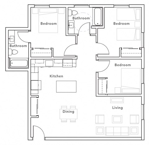 Floor plan for 3 beds, 2 baths, 1135 sqft